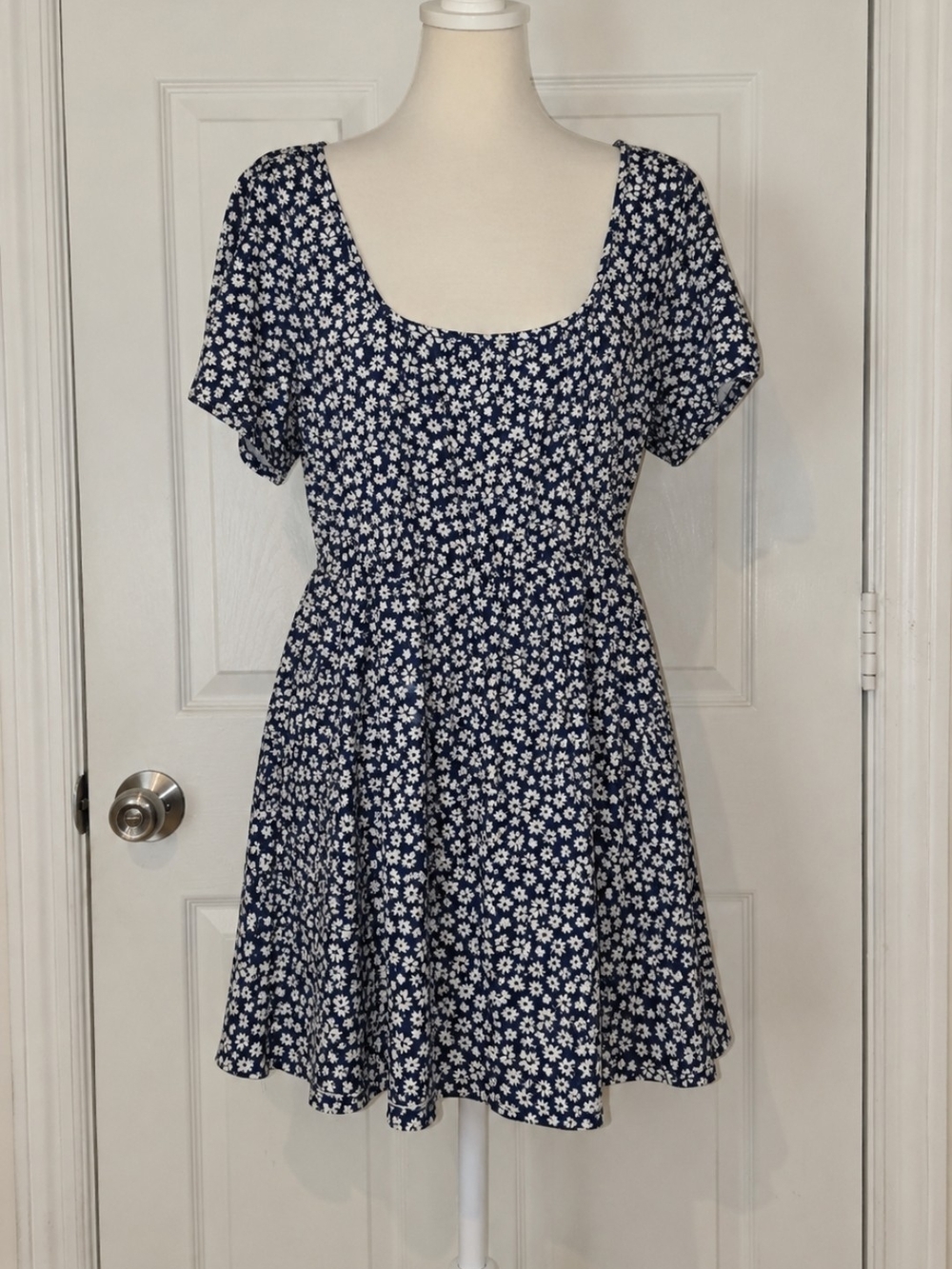 Navy Blue Daisy Print Short Sleeve Midi Dress Cottagecore Sun Dress Size L